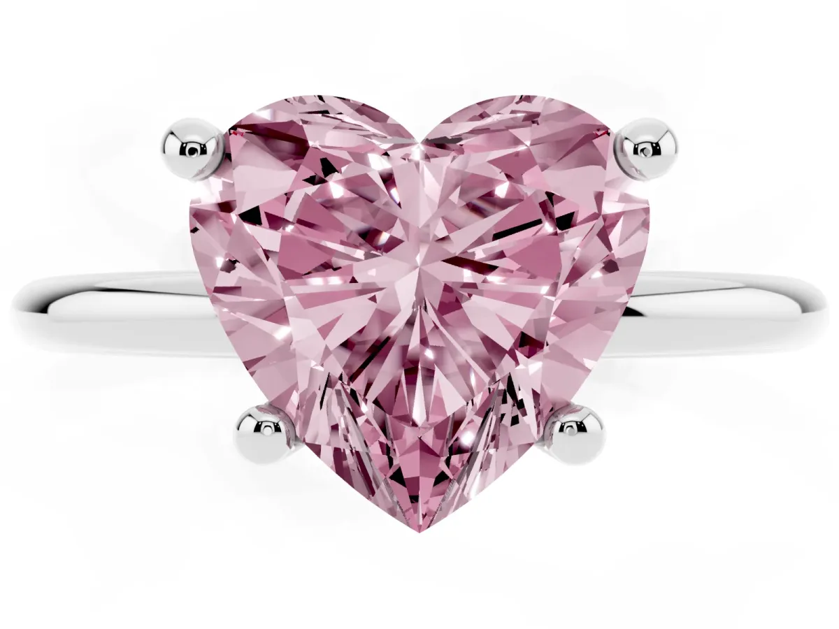 Fancy Pink Heart Cut Solitaire Diamond Ring with 4-Prong Setting on a Classic Band Silver