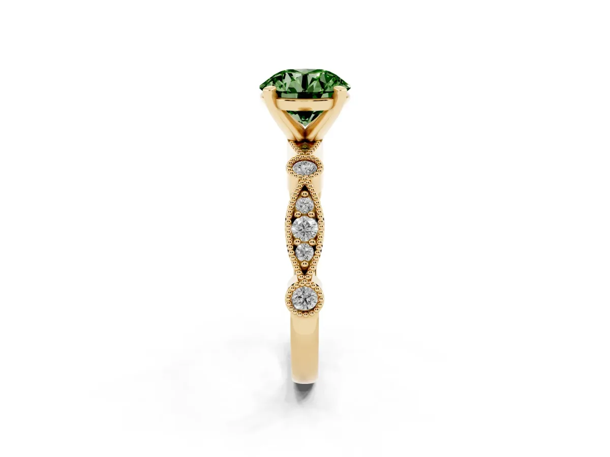 Fancy Green Round Cut Milgrain Bezel Diamond Engagement Ring with Solitaire Prong Setting Yellow gold