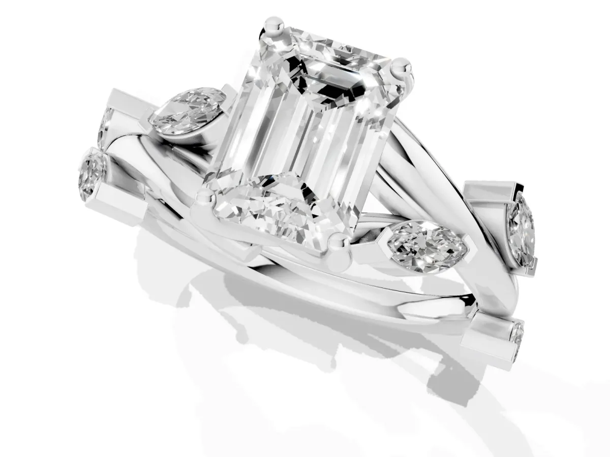 Emerald Cut Solitaire Twisted Band Marquise Accent Prong Setting Ring Silver
