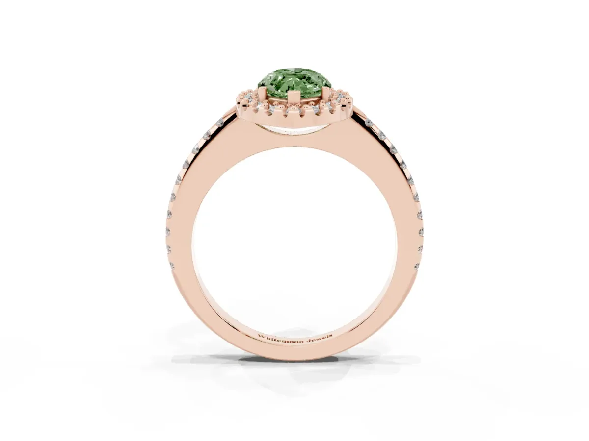Fancy Green Marquise Cut Diamond Pavé Halo Ring with Four-Prong Setting Rose gold