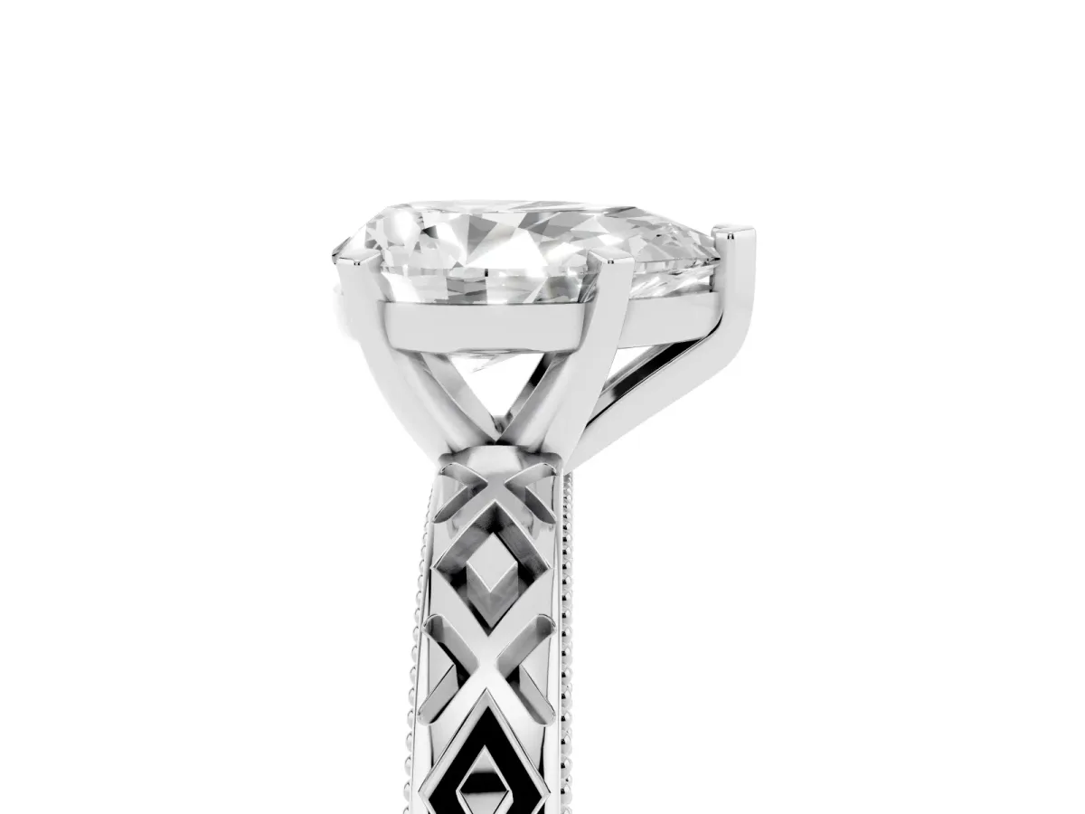 Pear Cut Solitaire Diamond Ring with Milgrain and Black Enamel X Pattern Band Silver