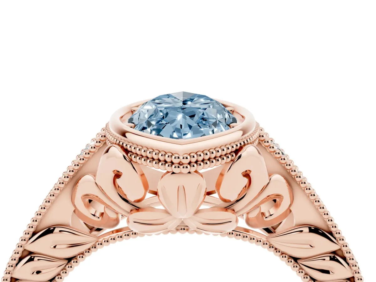 Fancy Blue Bezel Set Marquise Cut Diamond Milgrain Pave Engagement Ring Rose gold