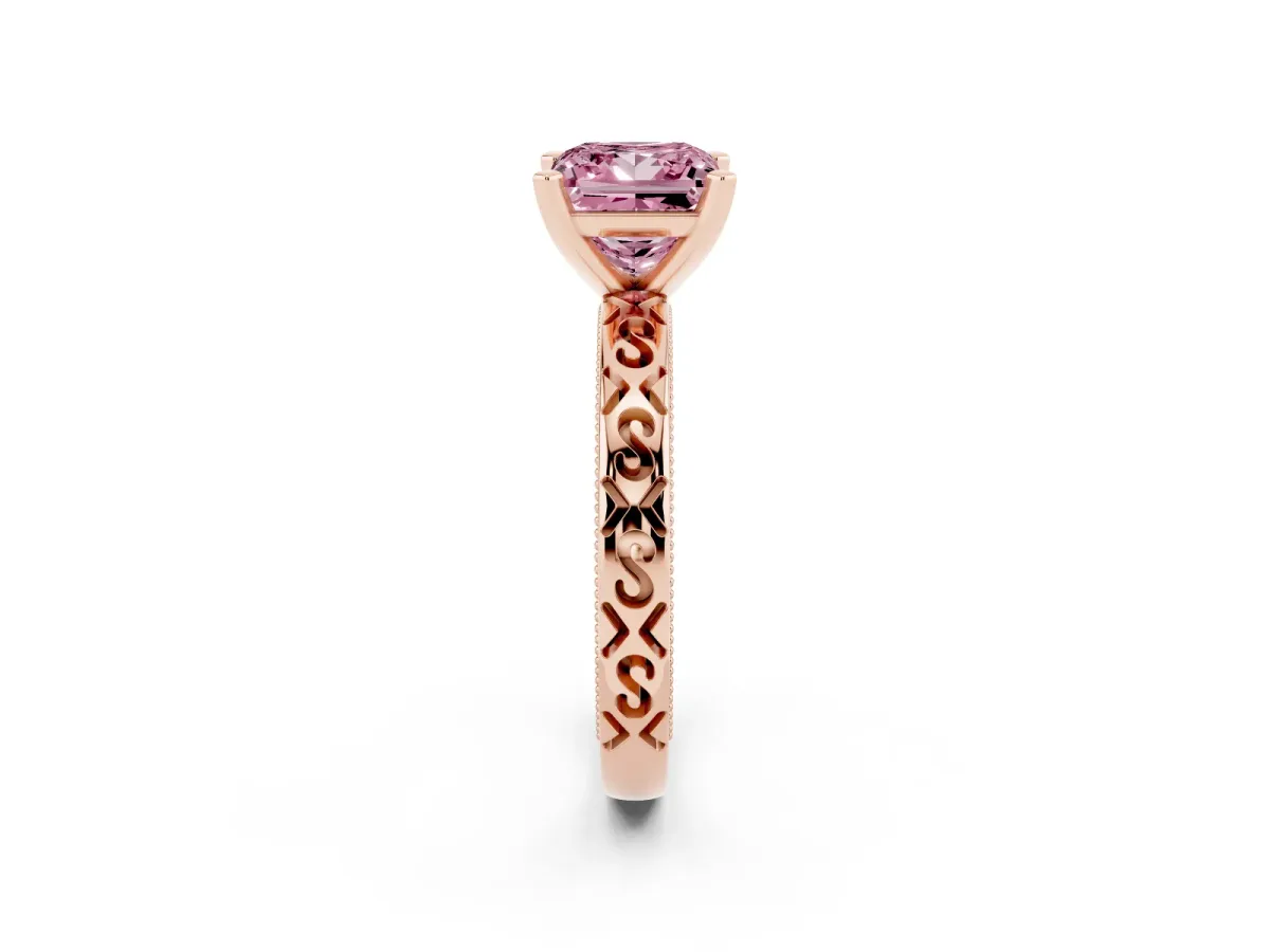 Fancy Pink Princess Cut Solitaire Engagement Ring with Scrollwork Band and Four-Prong Setting Rose gold