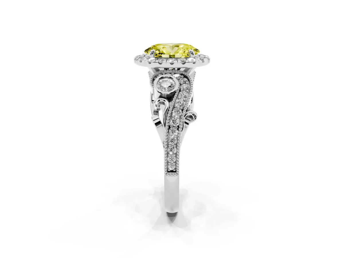 Fancy Yellow Oval Cut Diamond Halo Ring with Milgrain Pavé Band and Four-Prong Setting Silver