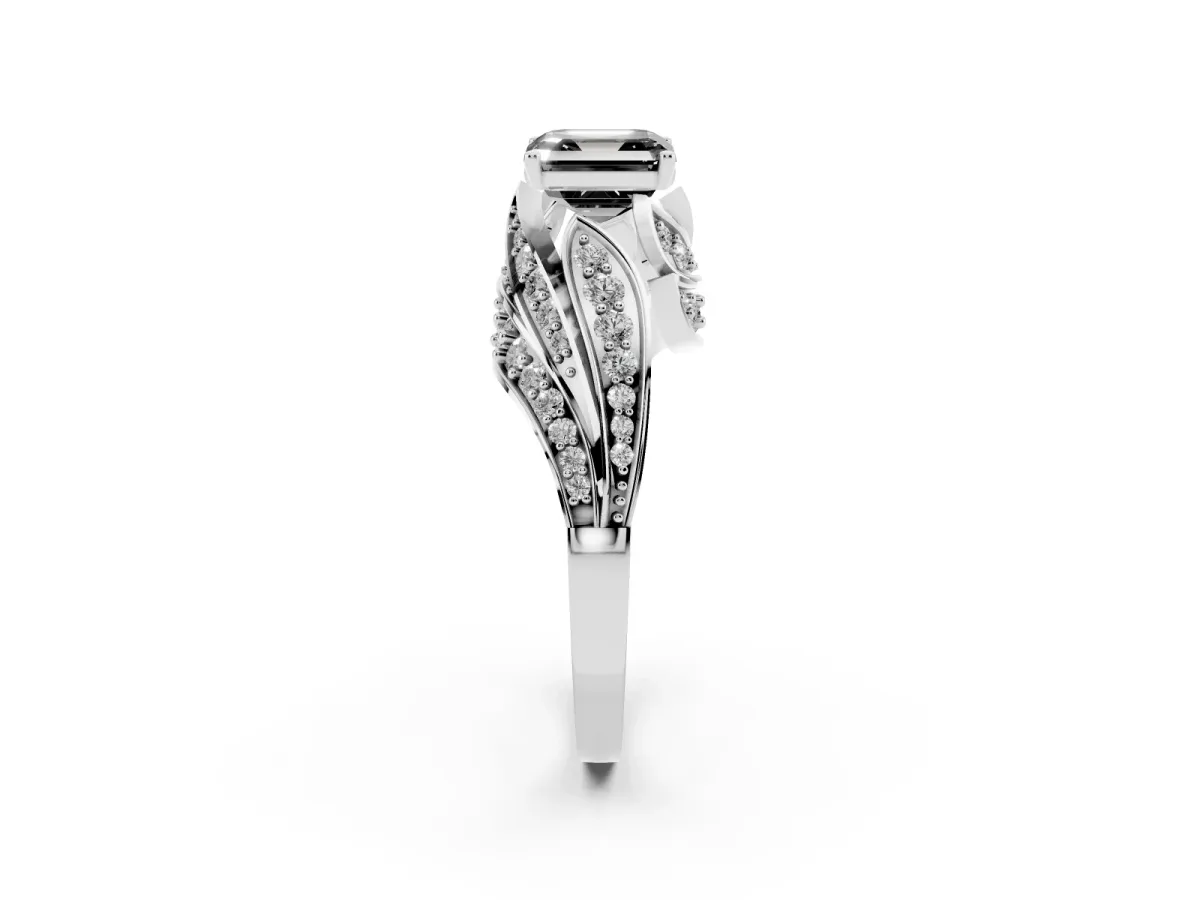 Fancy Black Asscher Cut Diamond Solitaire Ring with Prong Setting and Twisted Pavé Band Silver
