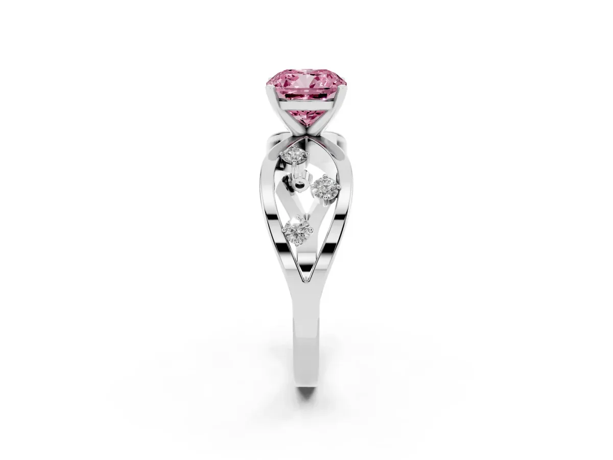 Fancy Pink Cushion Cut Cut Solitaire Diamond with Side Stones on Criss-Cross Band and Four-Prong Setting Platinum