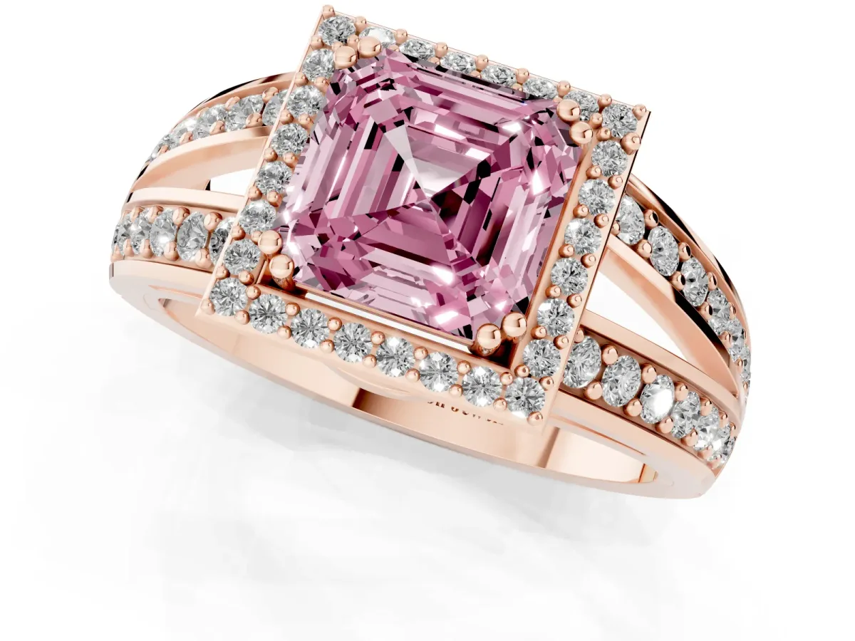 Fancy Pink Asscher Cut Diamond Halo Ring with Split Shank Pavé Band and Four-Prong Setting Rose gold