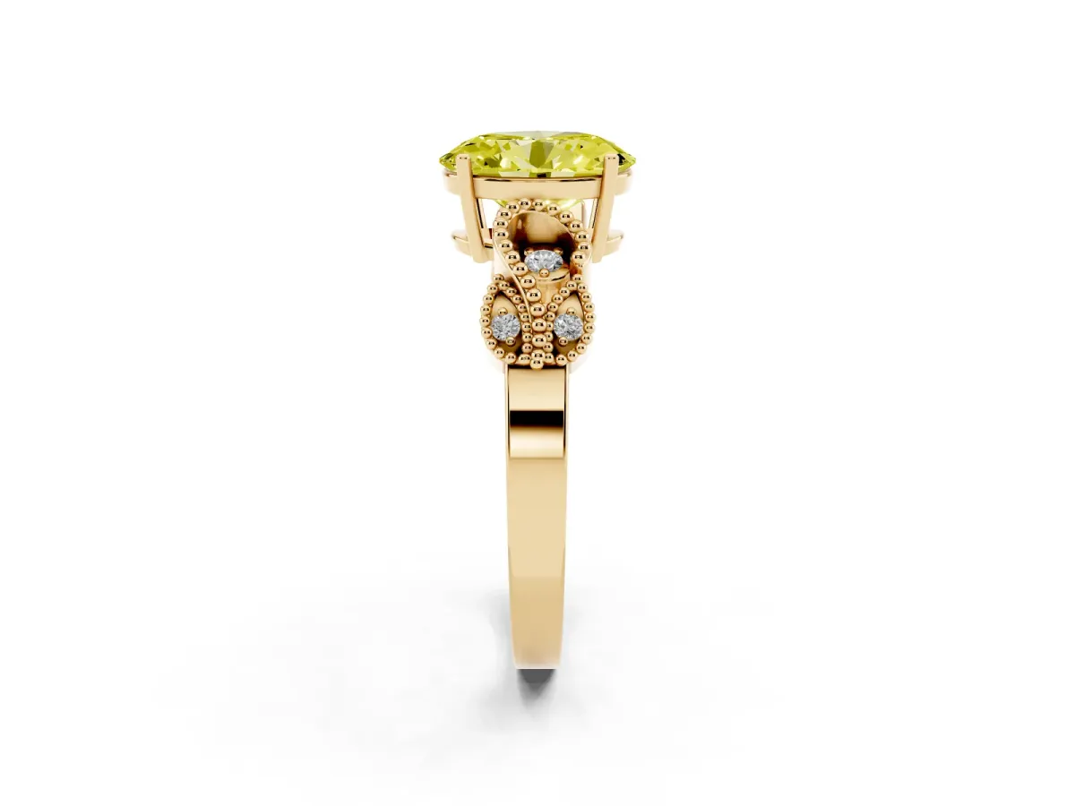Fancy Yellow Oval Cut Solitaire Milgrain Leaf Band with Prong Setting Yellow gold