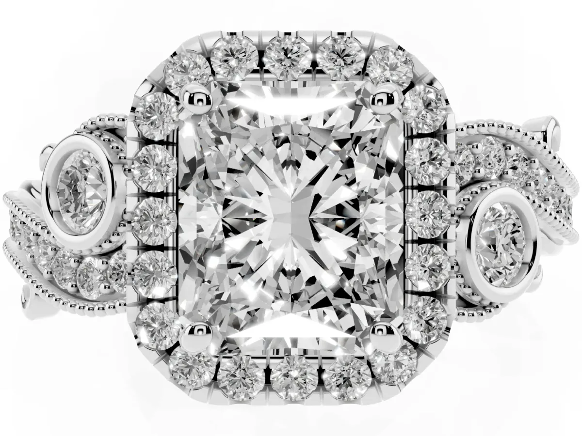 Radiant Cut Diamond Halo Ring with Milgrain Pavé Band and Four-Prong Setting Silver