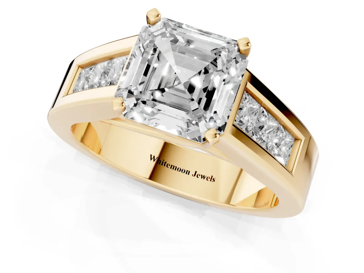 Asscher Cut Cut Channel Set Solitaire Ring with Four-Prong Setting Yellow gold