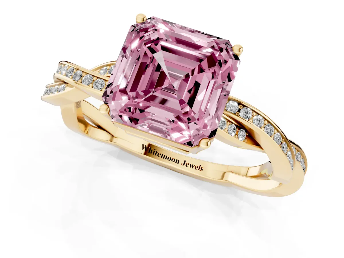 Fancy Pink Asscher Cut Solitaire Twisted Pave Diamond Ring with Four-Prong Setting Yellow gold