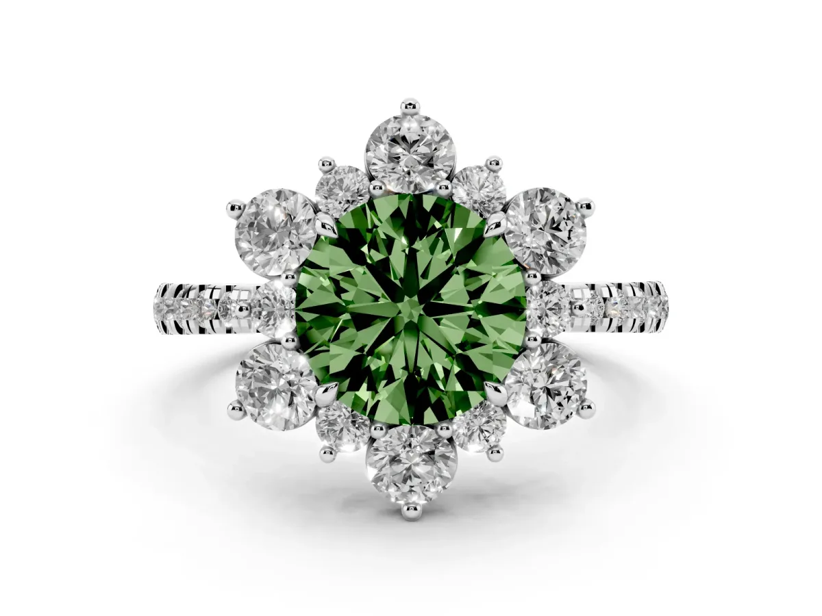 Fancy Green Round Cut Diamond Floral Halo Ring with Round Pavé Band and Prong Setting Silver