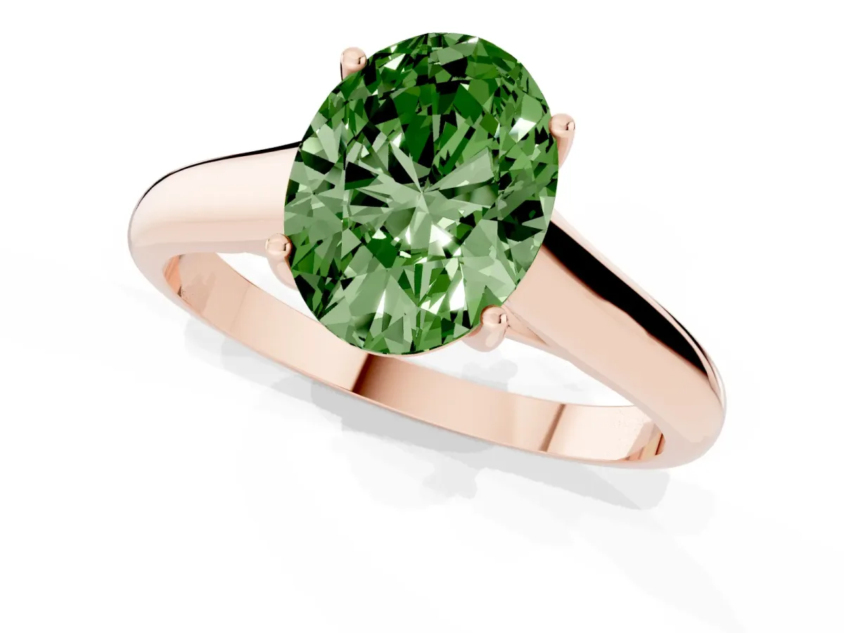 Fancy Green Oval Cut Solitaire Engagement Ring with Tapered Band and Four-Prong Setting Rose gold