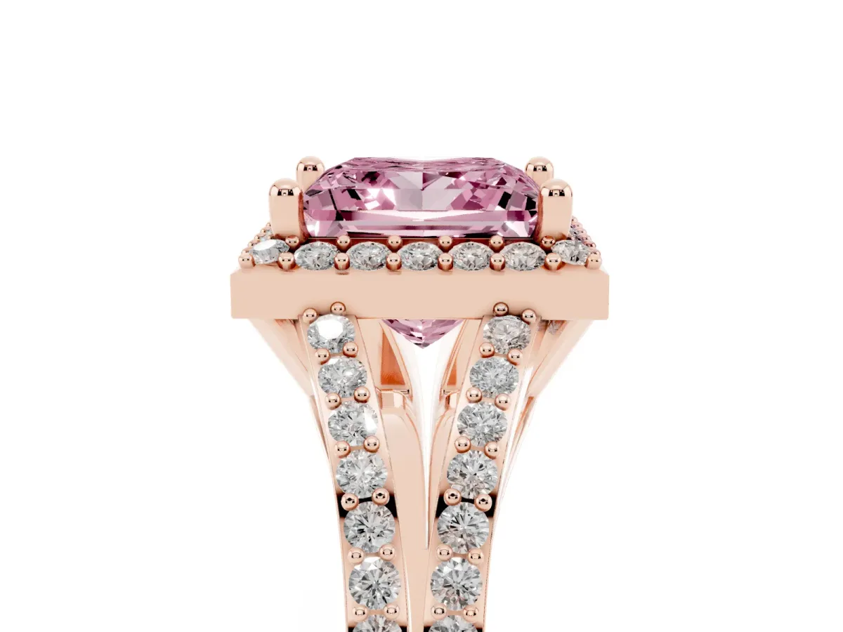 Fancy Pink Princess Cut Halo Split Shank Diamond Ring with Prong Setting Rose gold