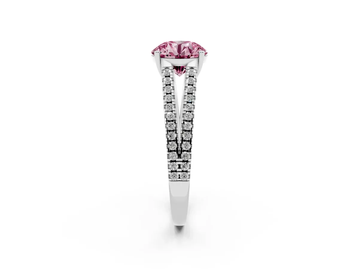 Fancy Pink Round Cut Diamond Solitaire Engagement Ring with Split Shank Pavé Band Platinum