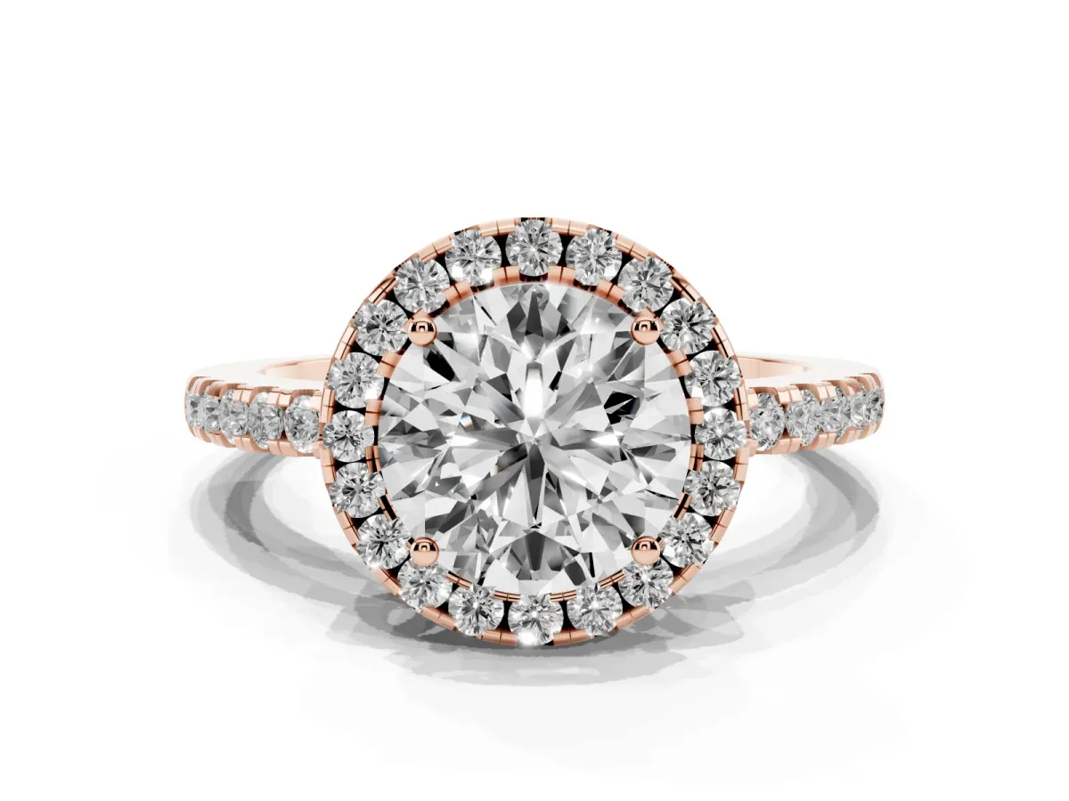 Round Cut Halo Diamond Engagement Ring with Pavé Band and Four-Prong Setting Rose gold