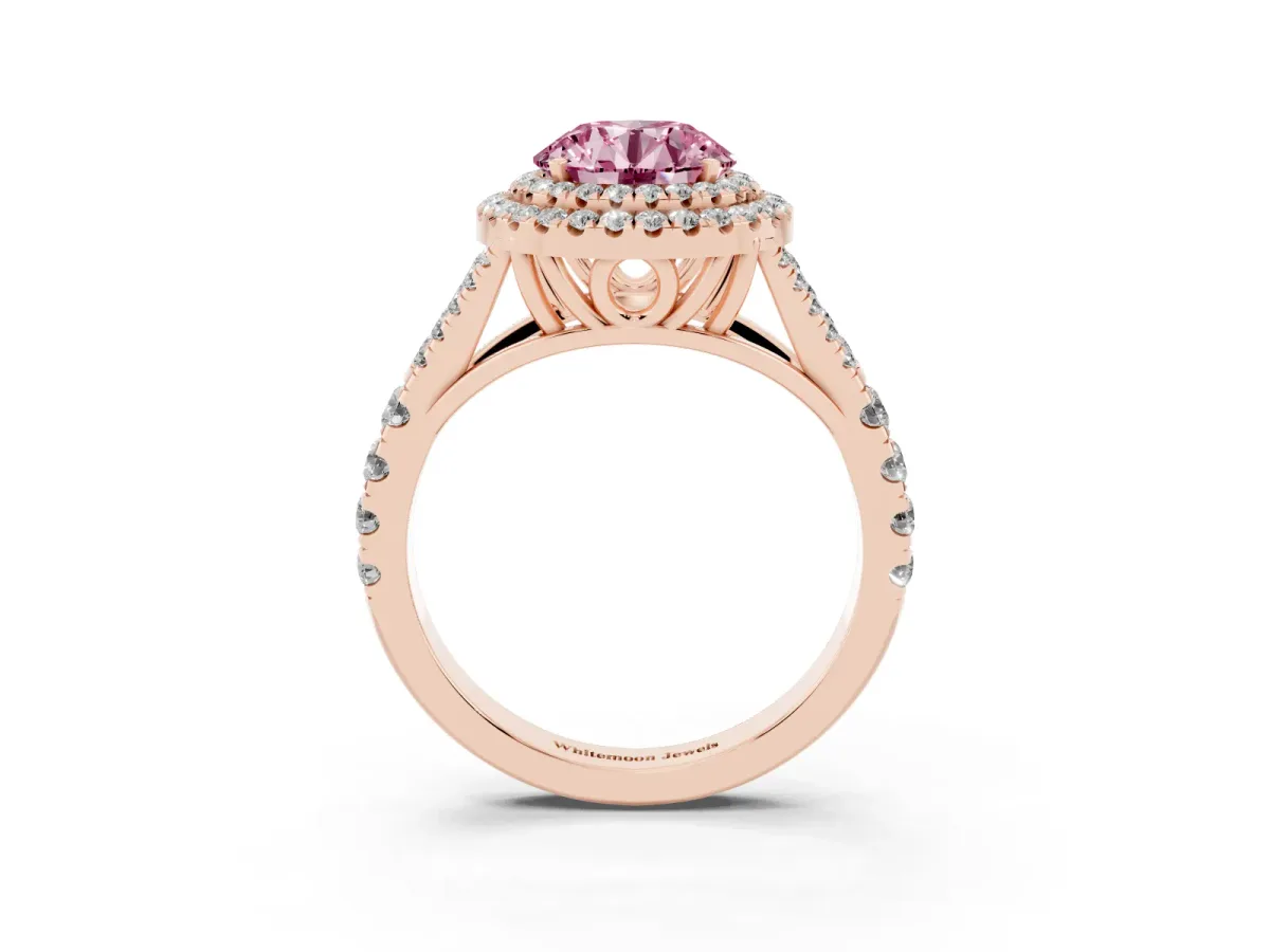 Fancy Pink Round Cut Diamond Pavé Split Shank Double Halo Engagement Ring Rose gold