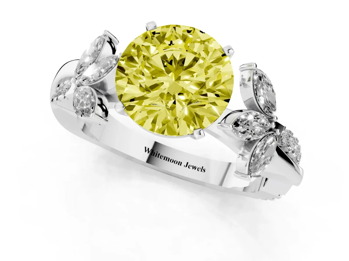 Fancy Yellow Round Cut Diamond Floral Vine Solitaire Engagement Ring Silver