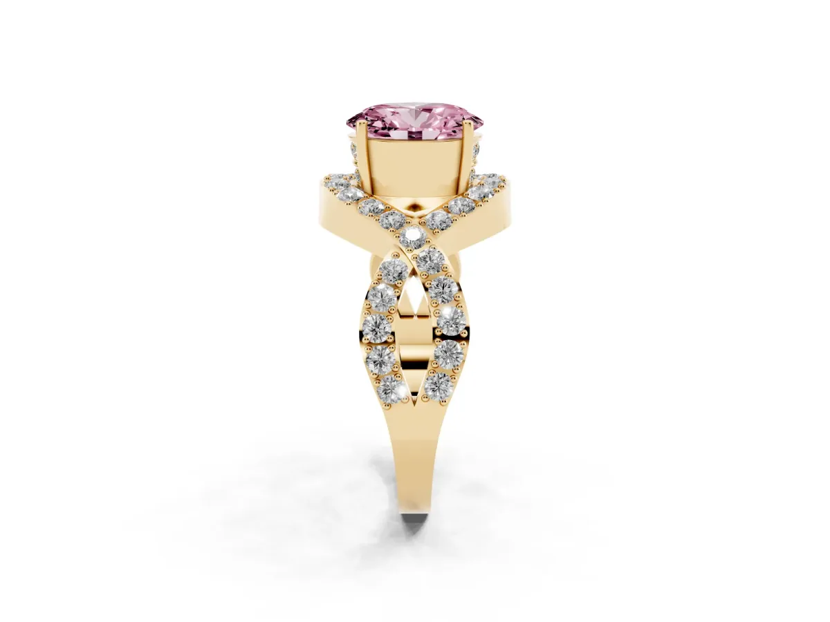 Fancy Pink Oval Cut Solitaire Twist Band Pavé Diamond Engagement Ring Yellow gold