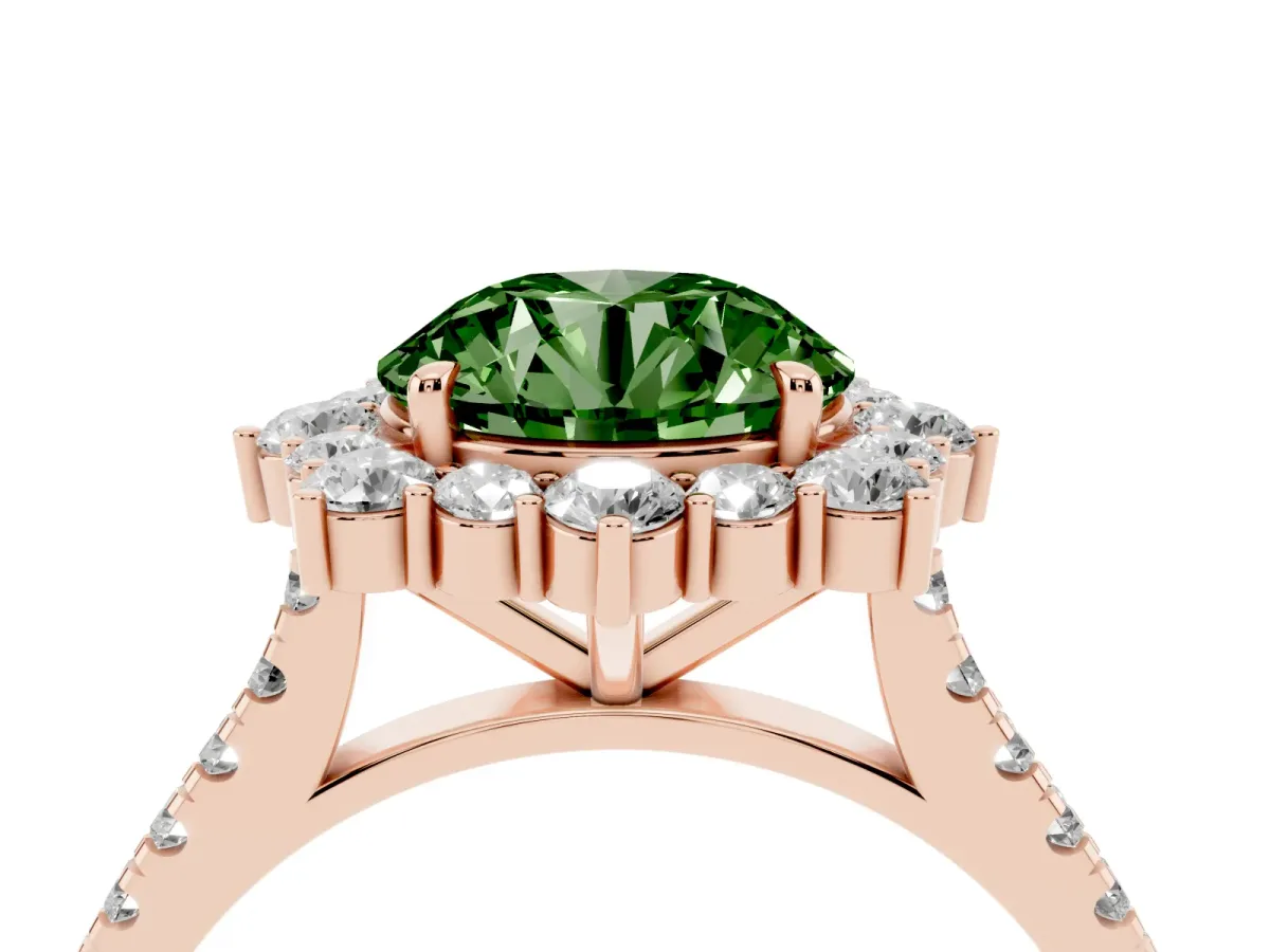 Fancy Green Round Cut Halo Diamond Ring with Pavé Band and Prong Setting Rose gold