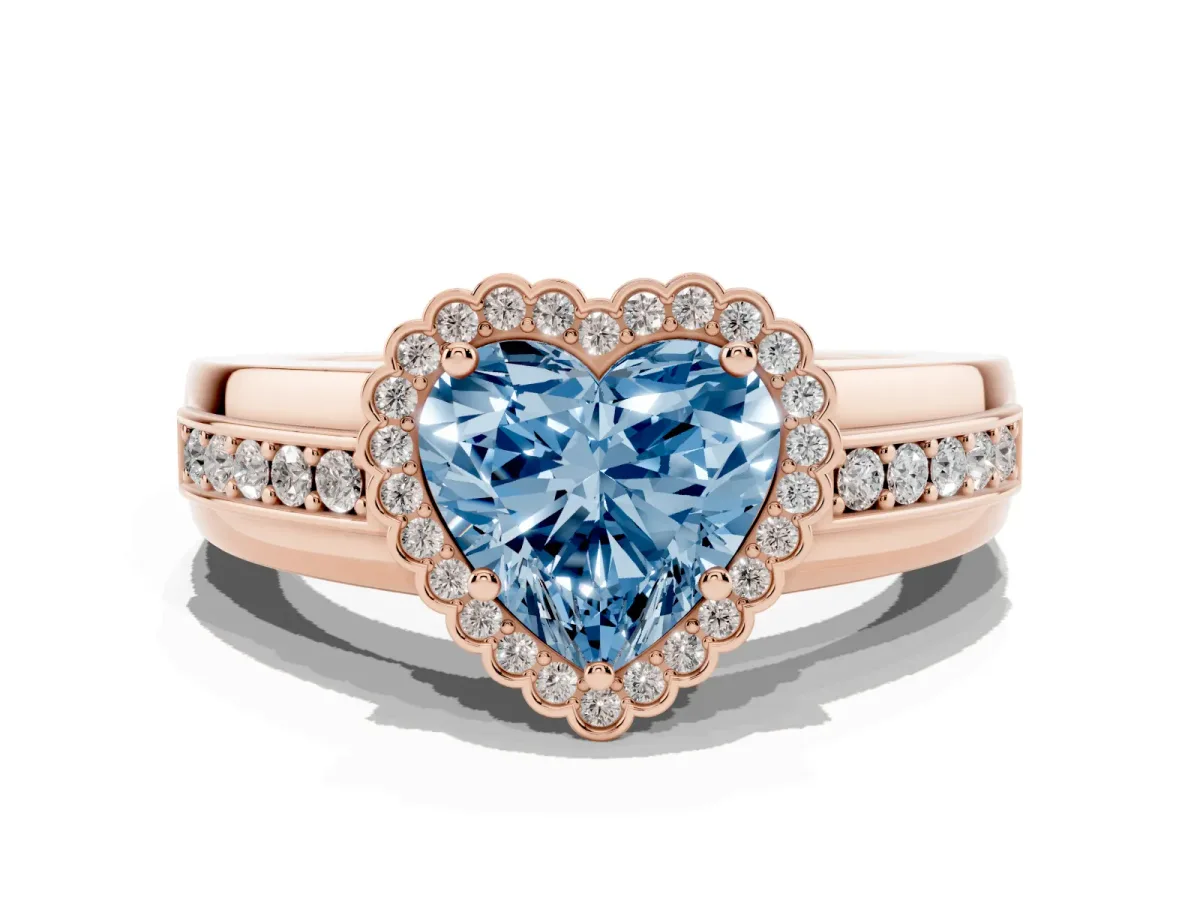 Fancy Blue Heart Cut Cut Halo Pave Band Four-Prong Ring Rose gold