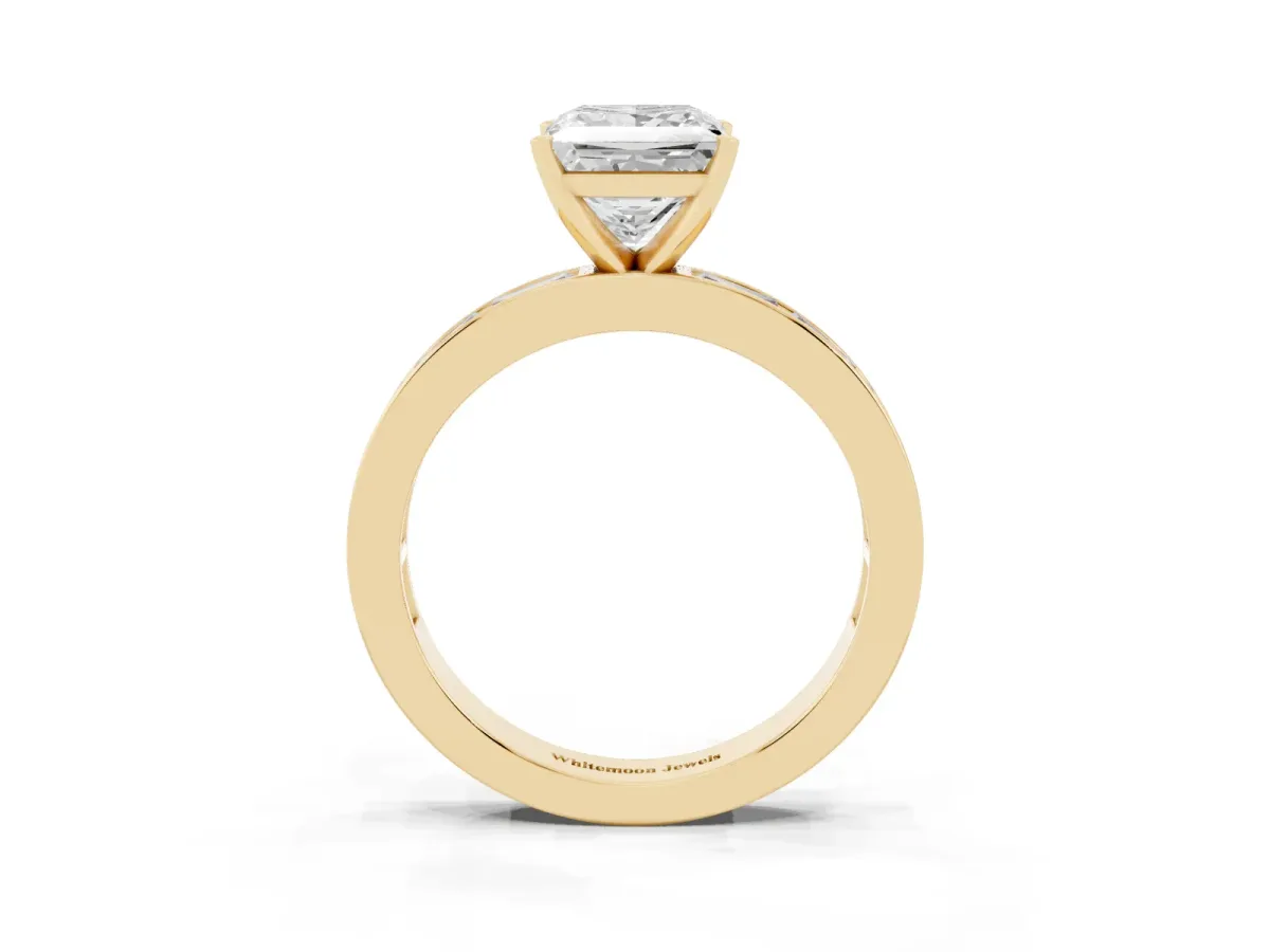 Princess Cut Solitaire Diamond Ring with Channel-Set Baguette Band and Four-Prong Setting Yellow gold