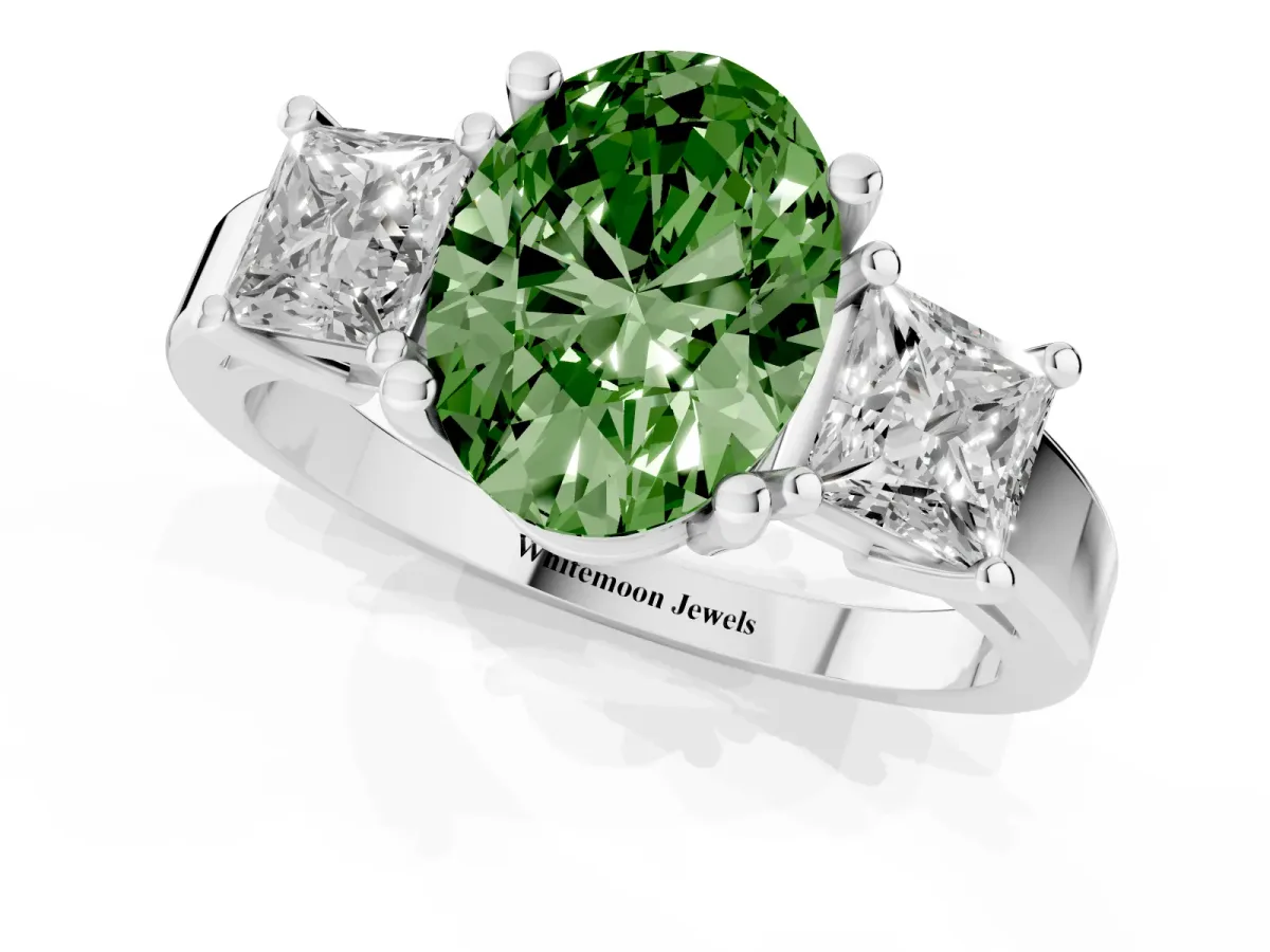 Fancy Green Three-Stone Oval Cut Cut Solitaire Ring with Prong Setting Platinum