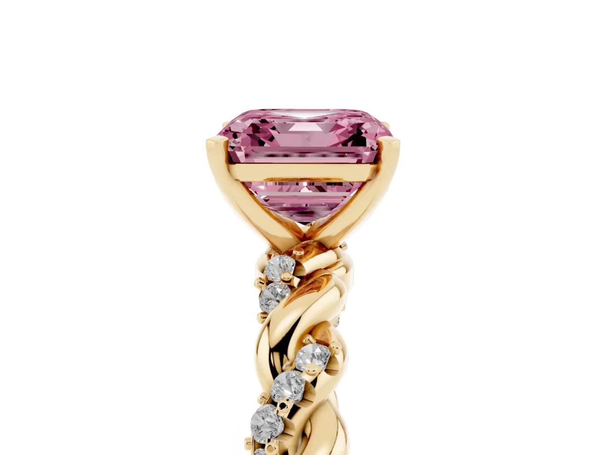 Fancy Pink Asscher Cut Diamond Solitaire Ring with Twisted Band and Pavé Accents Yellow gold
