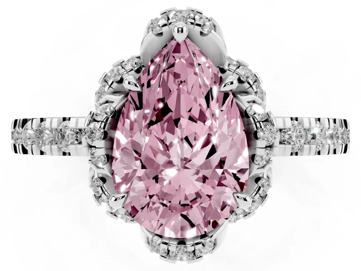 Fancy Pink Pear Cut Halo Diamond Pave Band Ring with Four-Prong Setting Silver