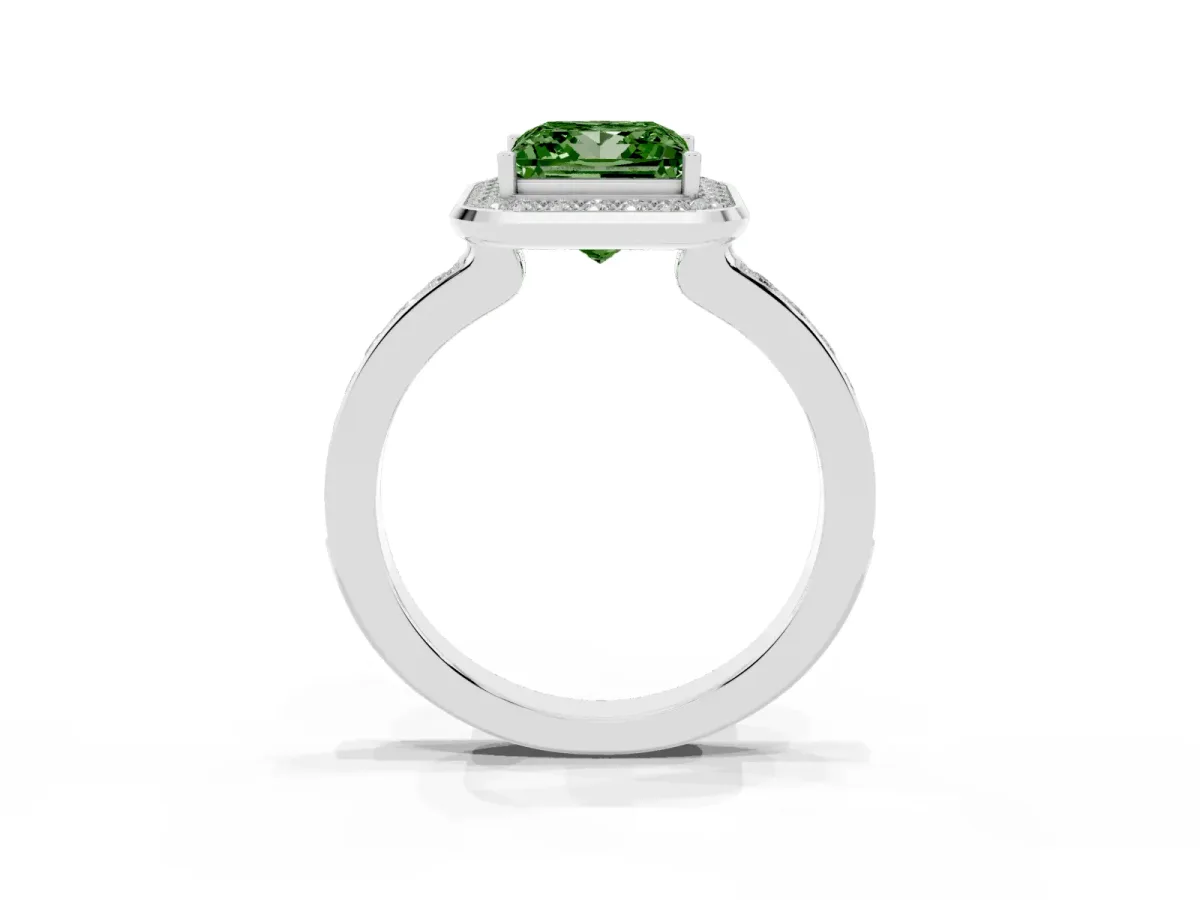 Fancy Green Princess Cut Diamond Halo Ring with Bezel Frame and Pavé Band White gold