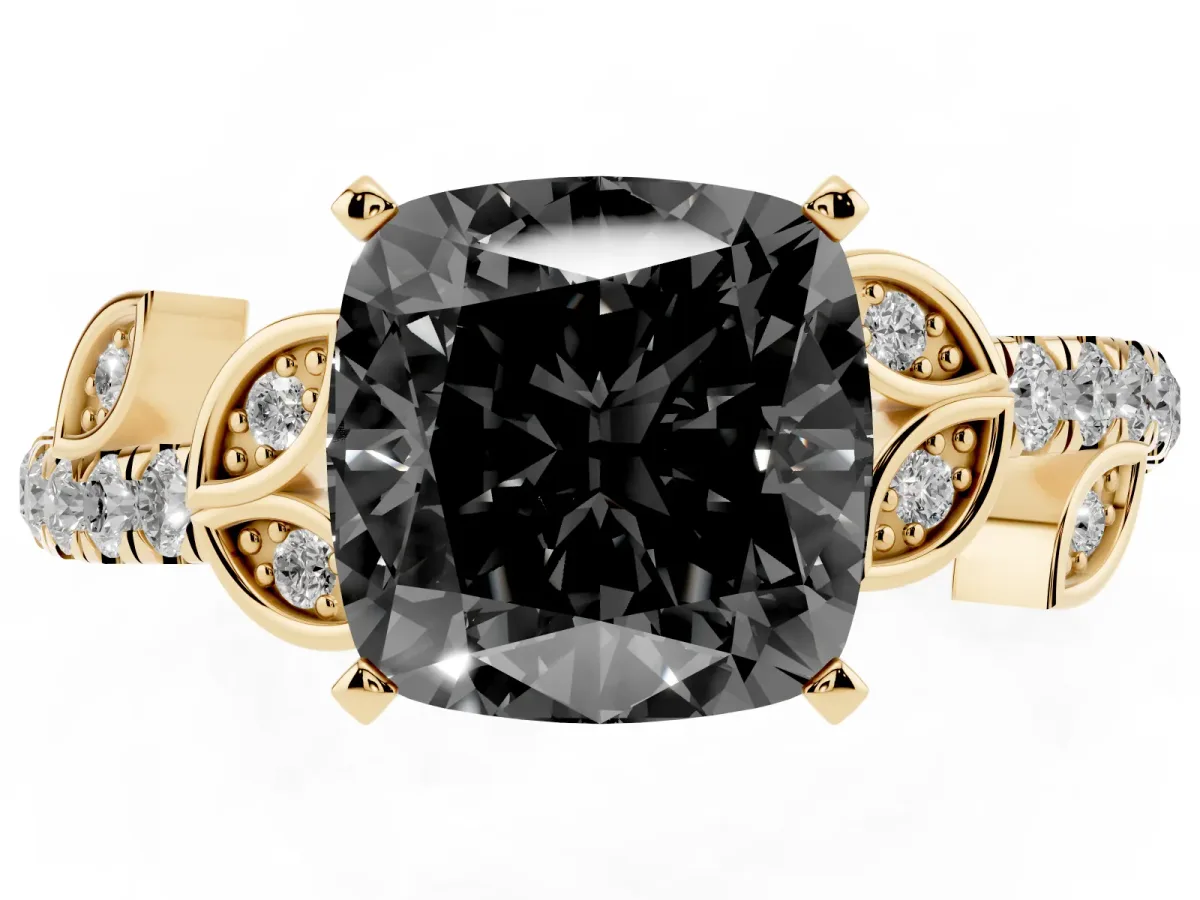Fancy Black Cushion Cut Solitaire Leaf-Inspired Diamond Ring with Pavé Band and Four-Prong Setting Yellow gold
