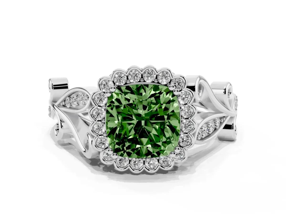 Fancy Green Cushion Cut Diamond Halo Ring with Vintage Split Shank and Four-Prong Setting Silver