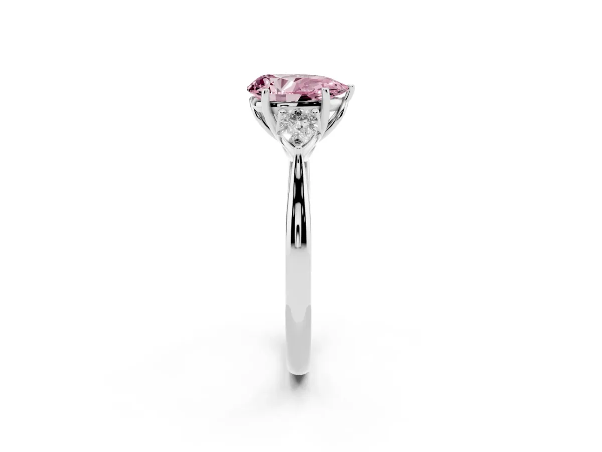 Fancy Pink Pear Cut Diamond Three-Stone Ring with Pear Side Stones and Prong Setting Silver