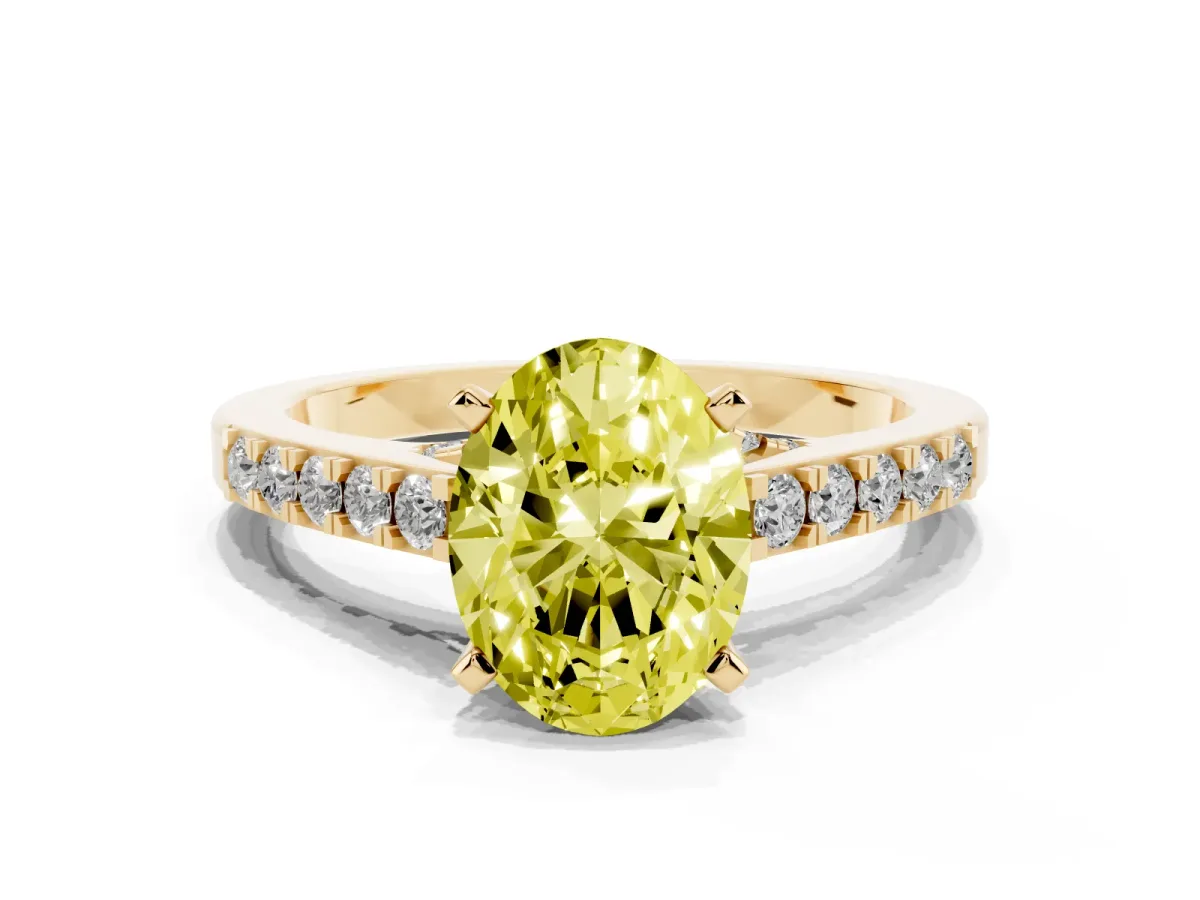 Fancy Yellow Oval Cut Diamond Solitaire Ring with Crossover Gallery and Round Pavé Band Yellow gold