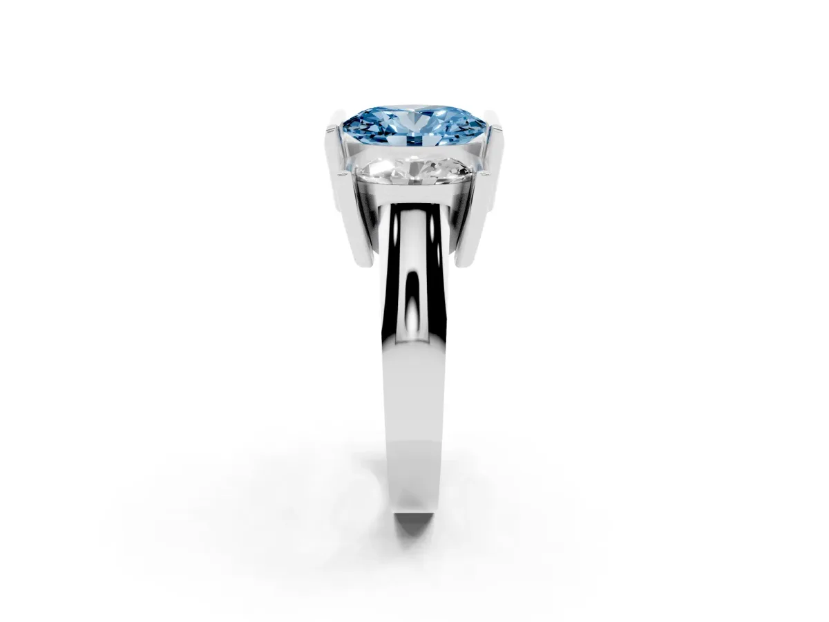 Fancy Blue Three Stone Oval Cut Cut Channel Set Diamond Ring Platinum