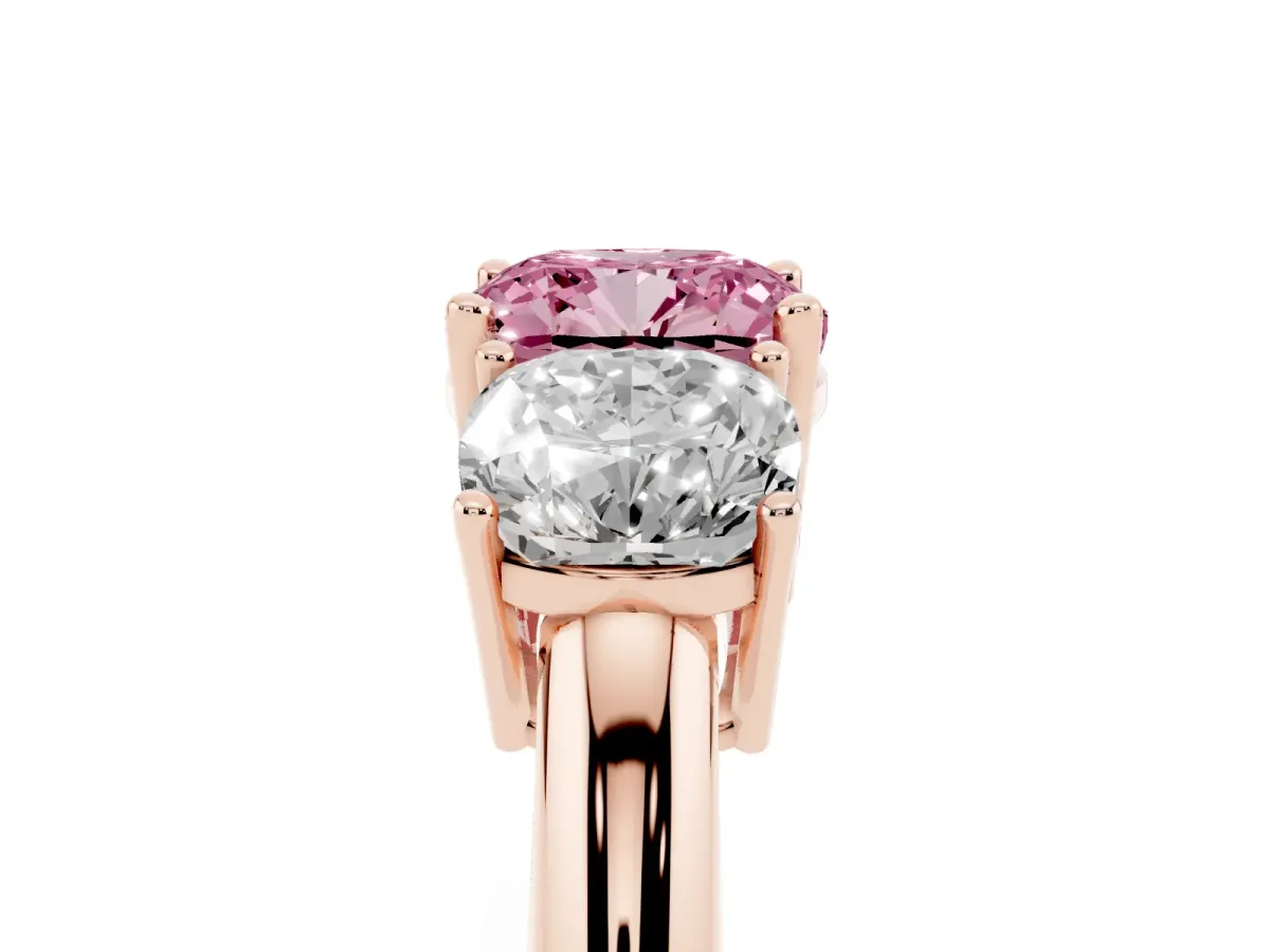 Fancy Pink Three-Stone Cushion Cut Cut Diamond Engagement Ring with Prong Setting on a White Gold Band Rose gold
