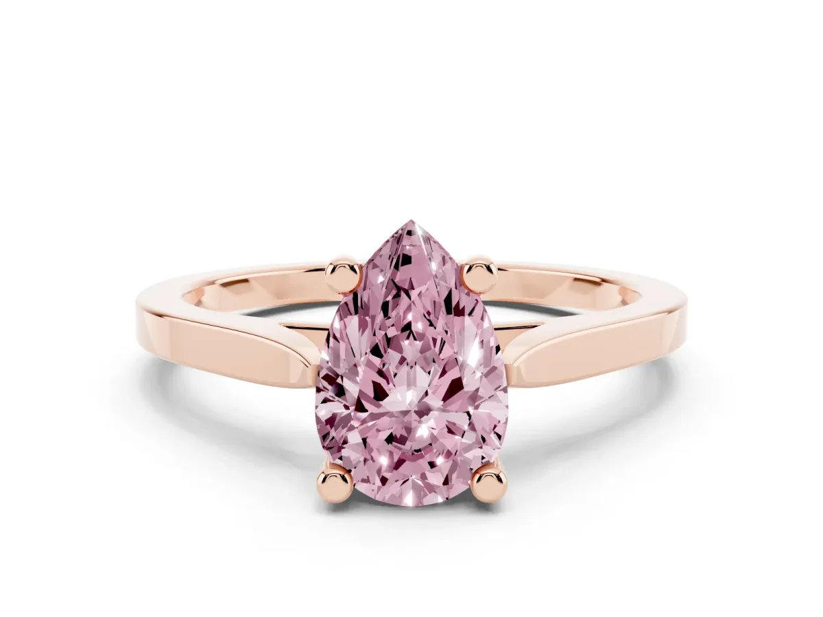 Fancy Pink Pear Cut Solitaire Diamond Ring with Four-Prong Setting and Tapered Band Rose gold