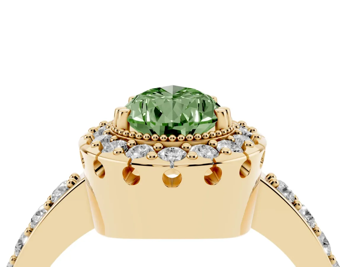 Fancy Green Pear Cut Diamond Halo Ring with Pavé Band and Prong Setting Yellow gold
