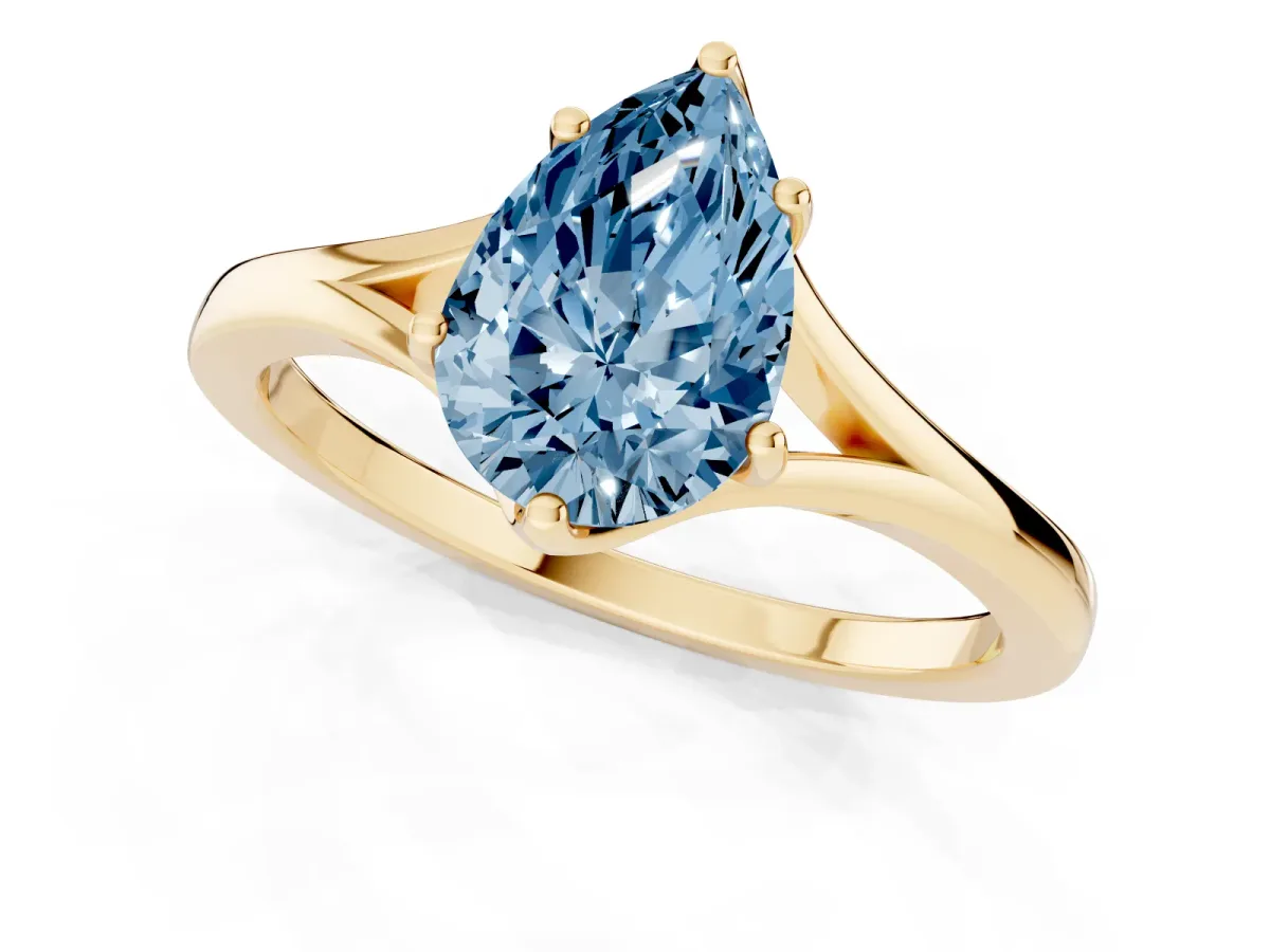 Fancy Blue Pear Cut Solitaire Diamond Ring with Six-Prong Setting and Tapered Band Yellow gold