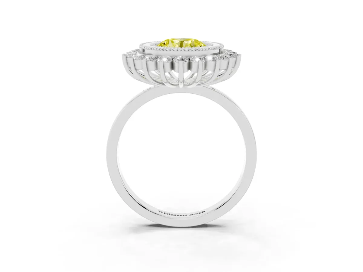 Fancy Yellow Round Cut Halo Diamond Ring with Milgrain Edge and Round Prong Setting Silver