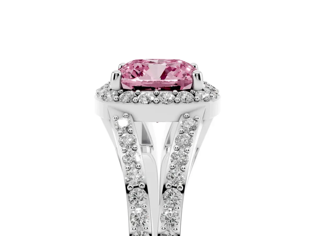 Fancy Pink Cushion Cut Halo Split Shank Pave Diamond Ring with Four-Prong Setting Silver