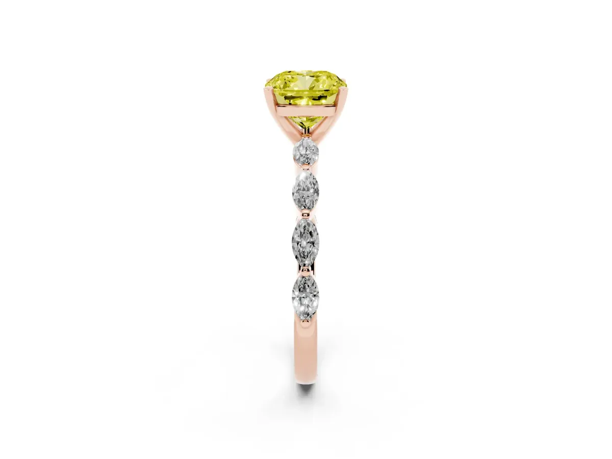 Fancy Yellow Cushion Cut Diamond Ring with Marquise Side Stones and Prong Setting Rose gold