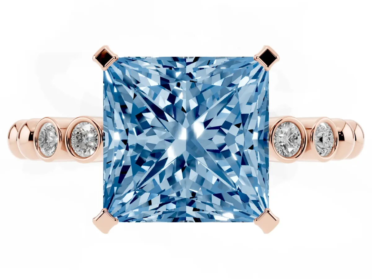 Fancy Blue Princess Cut Solitaire Bezel Accent Diamond Engagement Ring with Beaded Band and Four-Prong Setting Rose gold