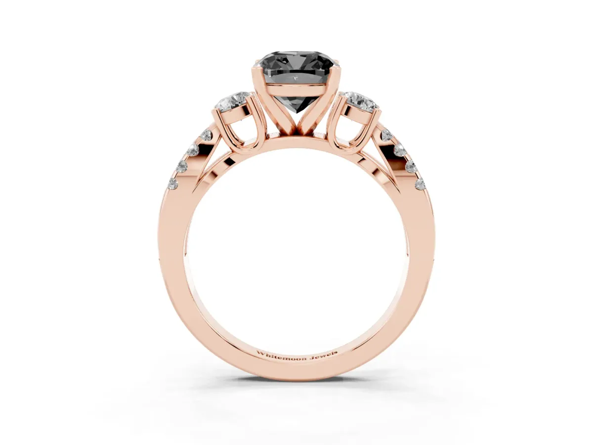 Fancy Black Cushion Cut Diamond Three-Stone Ring with Pavé Split Shank and Four-Prong Setting Rose gold