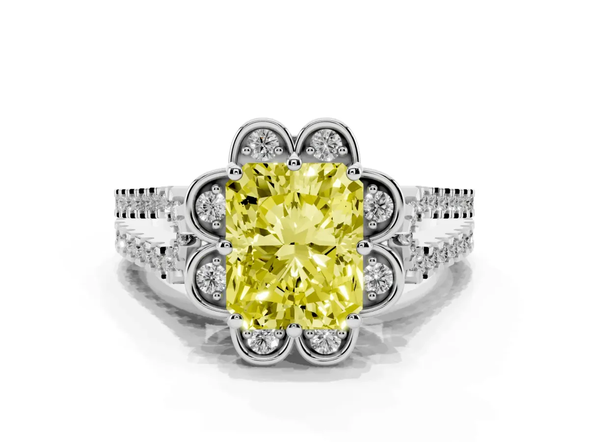 Fancy Yellow Radiant Cut Halo Diamond Floral Split Shank Engagement Ring Silver