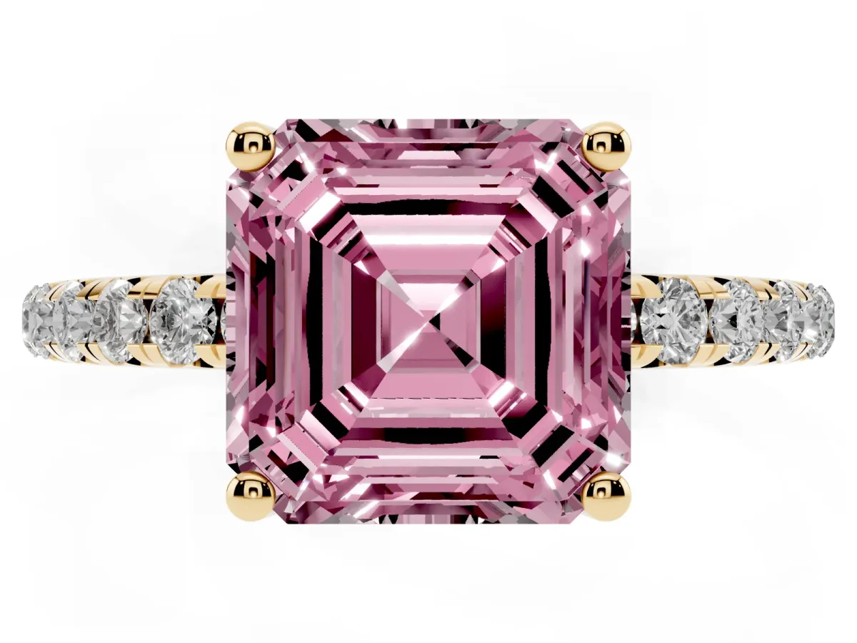 Fancy Pink Asscher Cut Cut Diamond Solitaire Ring with Micro Pave Band and Four Prong Setting Yellow gold
