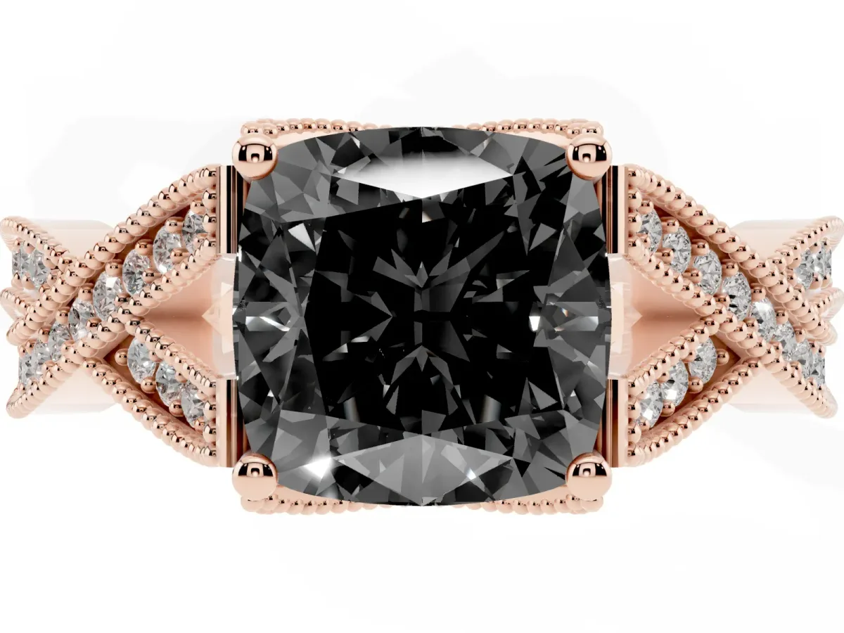 Fancy Black Cushion Cut Cut Diamond Twisted Band with Milgrain Pave Setting and Four-Prong Setting Rose gold