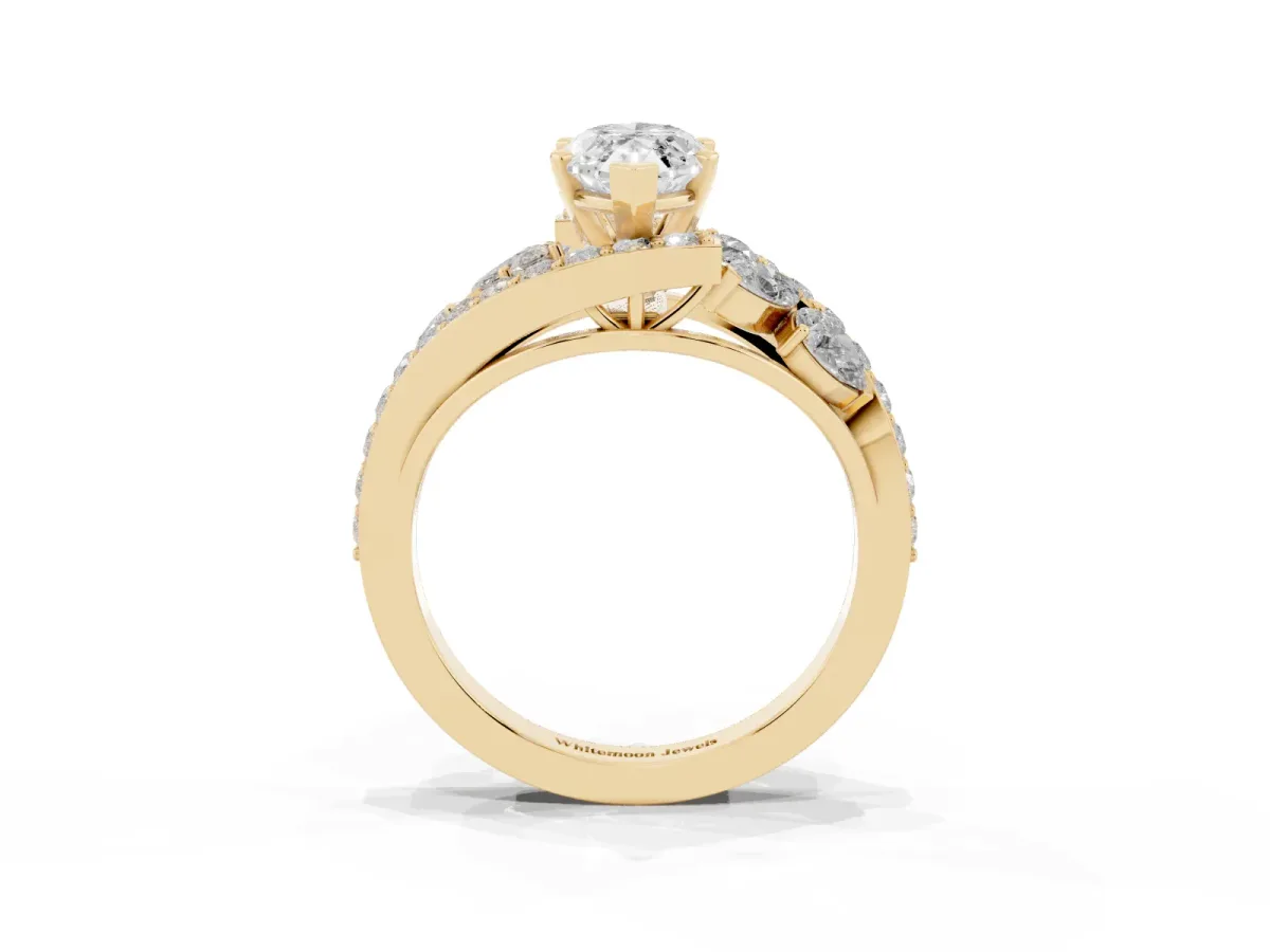 Marquise Cut Diamond Halo Ring with Marquise and Pavé Band in Prong Setting Yellow gold