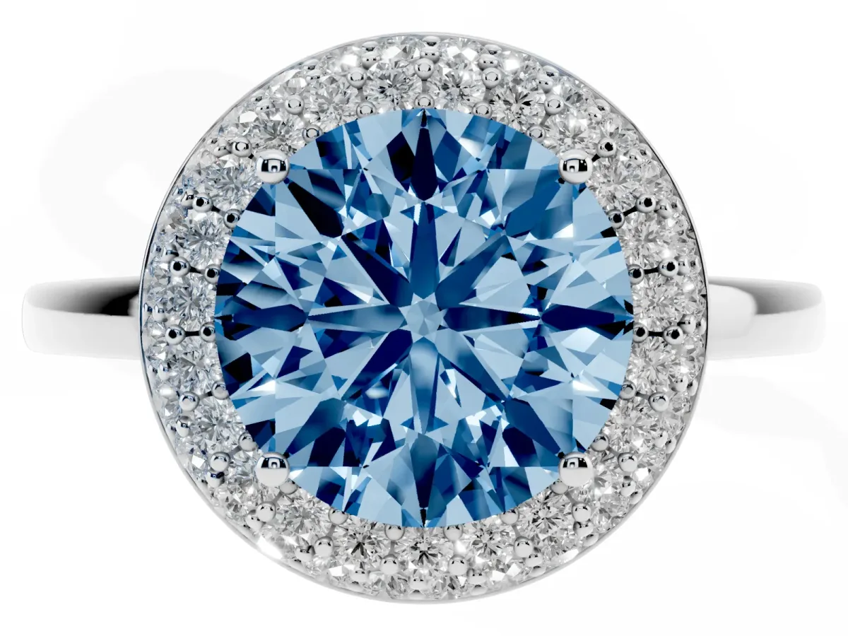 Fancy Blue Round Cut Halo Diamond Engagement Ring with Solitaire Band and Four-Prong Setting Silver