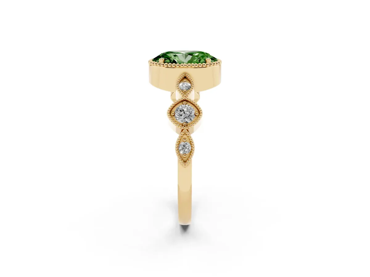 Fancy Green Oval Cut Diamond Vintage Milgrain Ring with Round Stations Yellow gold